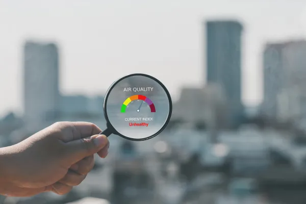 Lupe mit "Messeinrichtung" für Luftqualität vor unscharfer Stadtsilhouette